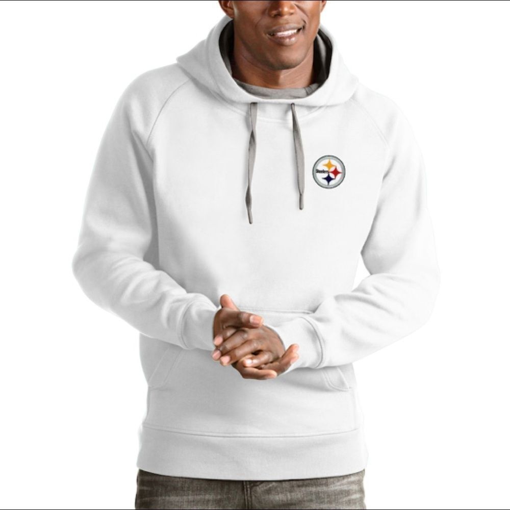 Antigua Steelers Logo Victory Pullover Hoodie, White, Logo is silver/black L NWT